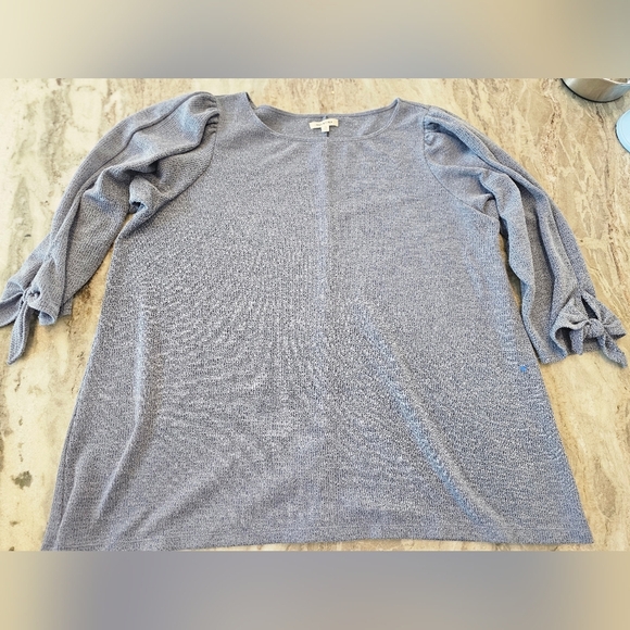 Max Studio 1X Blue Tie Sleeve Textured Knit Top Long Sleeve Pullover - Picture 2 of 10